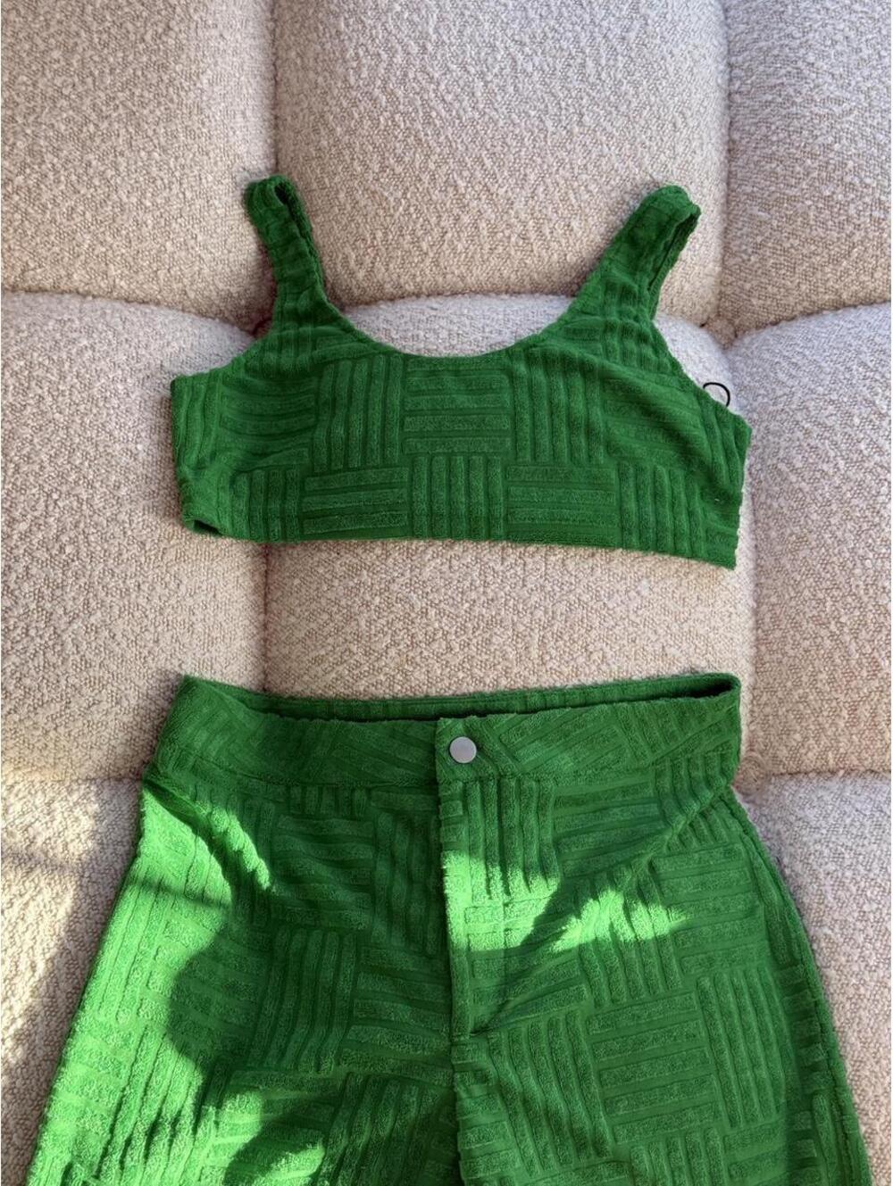 Cider Green Textured Knit Two-Piece Set - Crop Top and Wide Leg Pants, Size M